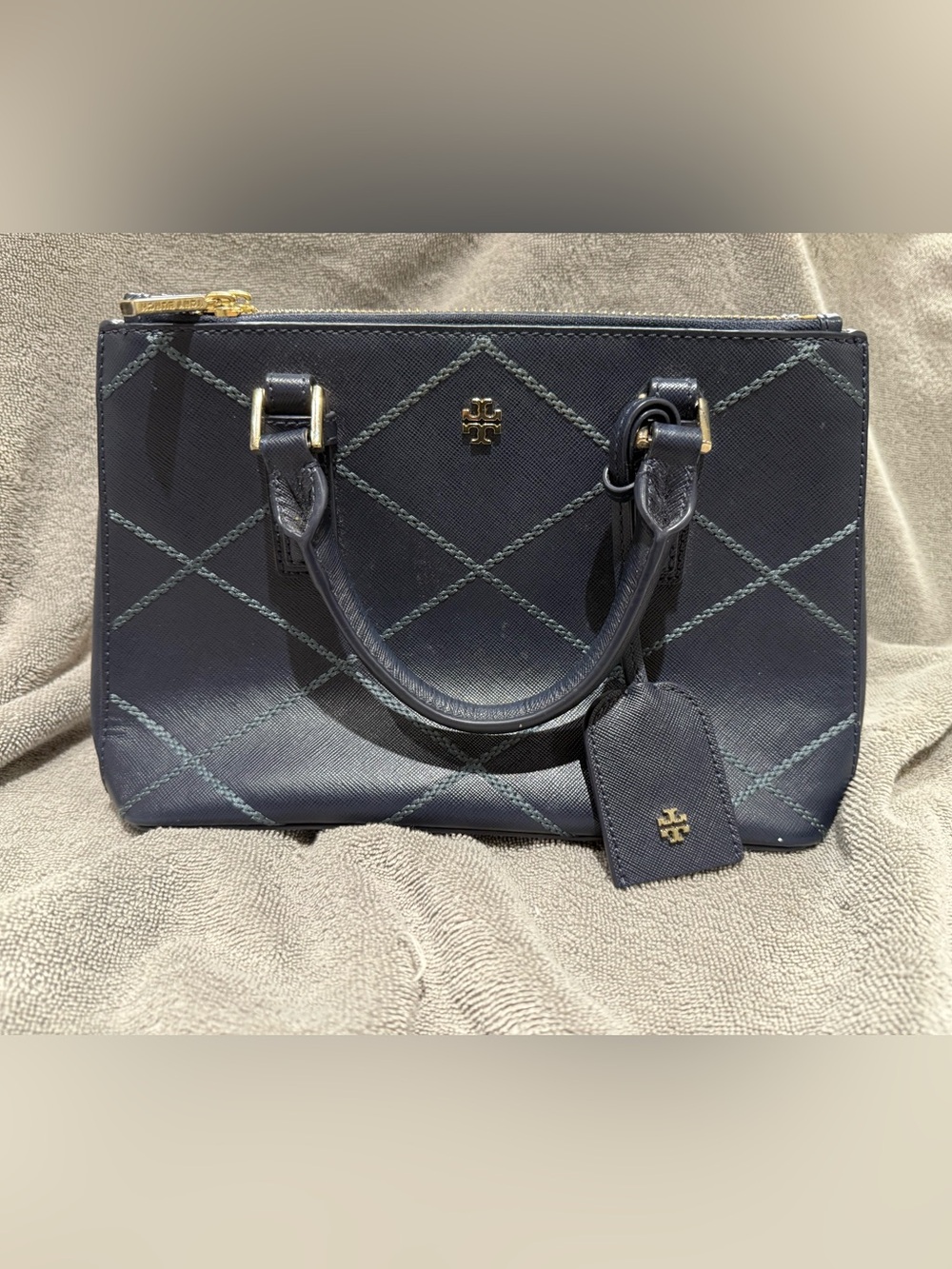 Tory Burch Quilted Navy Mini Satchel with Gold Hardware
